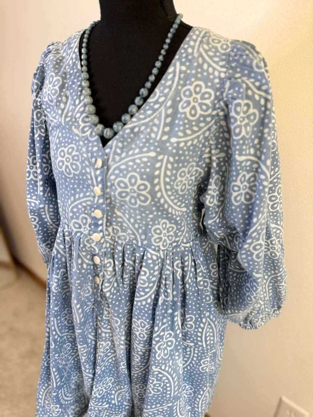 Madewell Blue Floral Mini Dress Puff Sleeve Button Front Cottage XS - Picture 2 of 10